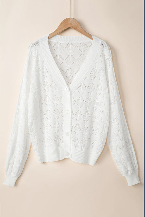 Crochet Knit V-Neck Button Front Long Sleeve Lightweight Cardigan Sweater